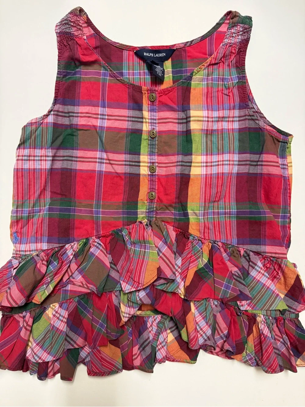 Ralph Lauren Girls' Pink Plaid Ruffle Tank Top